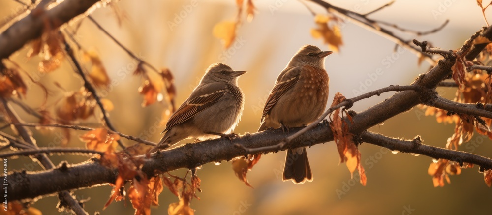 Poster a pair of perching birds with colorful feathers and beaks are resting on a tree twig. their wings ar