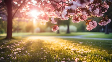 Fotobehang Abundantly blooming cherry tree garden on a lush lawn, with sunlight filtering through the branches. © Shabnam