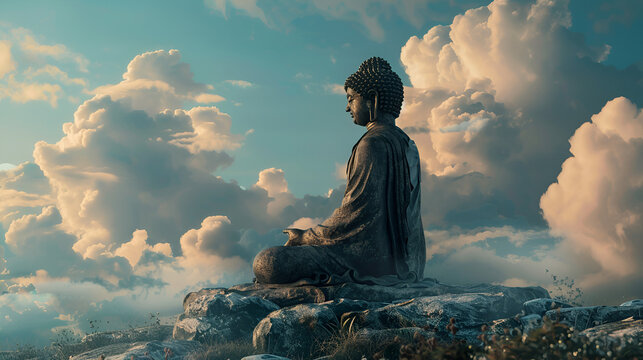 White Buddha statue meditate Blue Sky and Clouds around, Buddha Statue Copy Space, ai generated