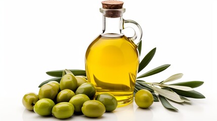 Bottle of extra virgin olive oil accompanied by green olives and leaves, isolated on a white background.