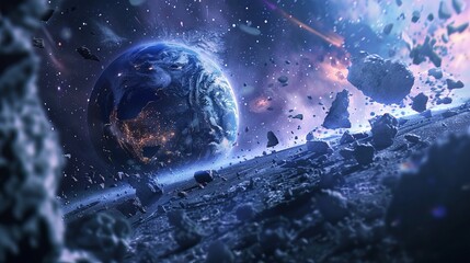 A planet shattered by cosmic collisions, captured in a raw photo showcasing its fragmented beauty. The image reveals a futuristic and chaotic landscape, born from meteorite impacts. - obrazy, fototapety, plakaty