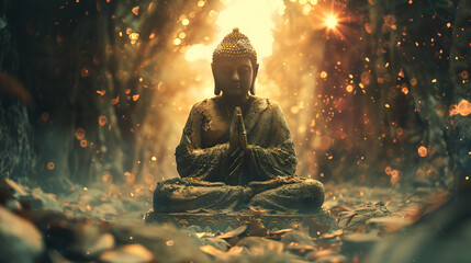The Statue of Buddha with sparkles in old temple, copy space buddha statue, ai generated