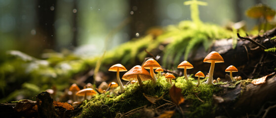 Beautiful closeup of forest mushrooms. Group of beautiy