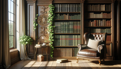 A  bookshelf filled with a variety of books, next to a comfortable reading area. Ai generative
