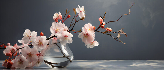 Beautiful fruit blossom in glass on table on grey back