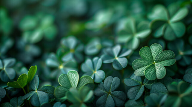 Clover leaves on green background. Three-leaved shamrocks, clover leaves, Natural green background with fresh three-leaved shamrocks. St. Patrick's day holiday symbol background, Ai generated image 