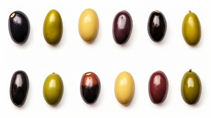 Collection of olives displayed in isolation on a white background.