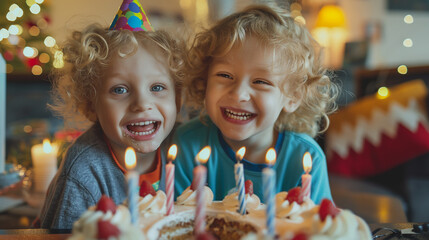 Two adorable blond curly boys are celebrating their birthday. Happy brothers are about to blow candles on the cake. Festive cozy decorations at home. Family party, love and gift concept