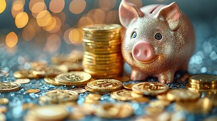 Smiling pink pig piggy bank next to a stack of gold coins, isolated on blue background. Investment success, savings concept - Generative AI - obrazy, fototapety, plakaty