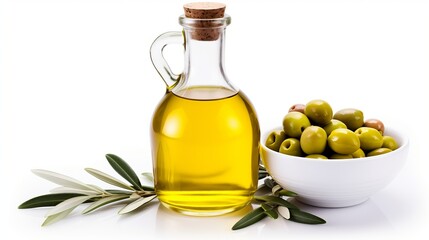 Delicious olive oil contained within a glass bottle, paired with green olives and leaves, presented in isolation against a white background.