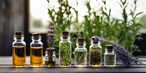 Several glass bottles essential oils botanical remedic self care calmful background