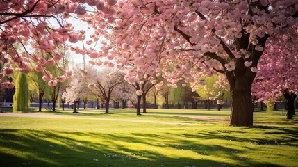 Naklejka premium Decorative garden featuring magnificently blooming cherry trees set against a lush green lawn.