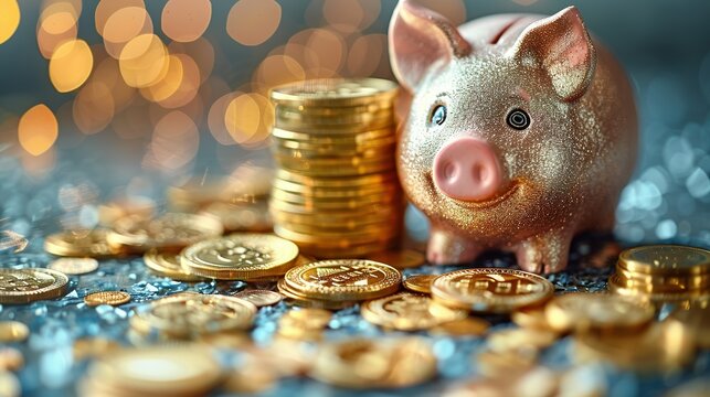 Smiling pink pig piggy bank next to a stack of gold coins, isolated on blue background. Investment success, savings concept - Generative AI