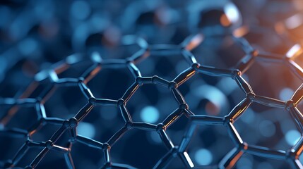 Detailed 3D rendering of nanotechnology's hexagonal geometric form, highlighting the atomic and molecular structure of graphene.