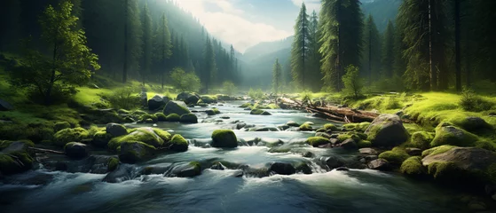 Photo sur Aluminium Rivière forestière beautiful river flows near the forest