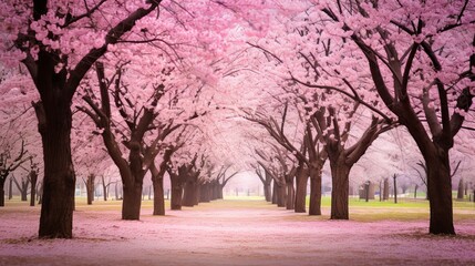 Obraz premium Exquisite early spring blossoming cherry trees, adorned in shades of pink.