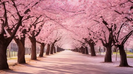Exquisite early spring blossoming cherry trees, adorned in shades of pink.