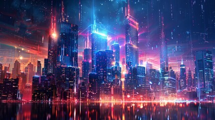 cityscape with space and neon light effect. Modern hi-tech, science, futuristic technology concept. Abstract digital high tech city design for banner background