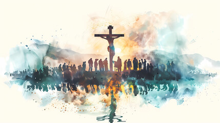 Obraz premium Good Friday, Christianity, Jesus, watercolors, crosses, believers in prayer, Easter,die