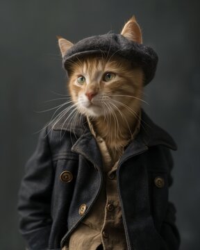 Stylish cat in a coat and newsboy cap.A cat seamlessly blends into human fashion, donning a coat and a classic newsboy cap