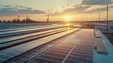 Fototapeta premium Solar panel on factory or house roof top. Photovoltaic power supply systems. Solar power plant. The source of ecological renewable energy, environment, power, technology