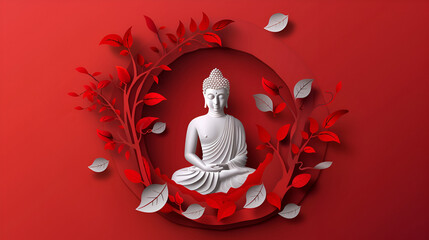White Buddha Meditate under Bodhi tree circle logo with Red Background, ai generated