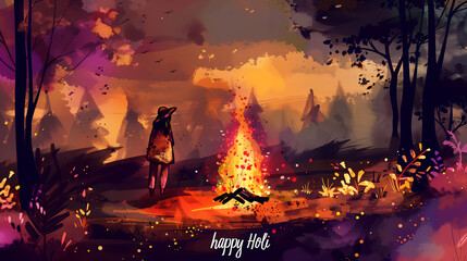 Obraz premium Happy Holi!Happy holika dahan!happy new year!Lag BaOmer，Bonfire and colorful smoke, watercolor painting