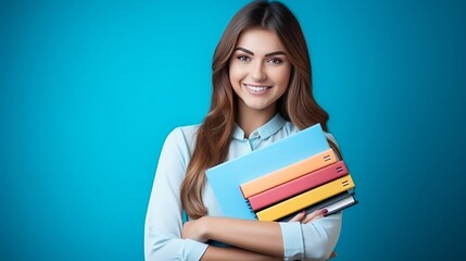 Happy school teacher holding books, captured in a professional isolated portrait.