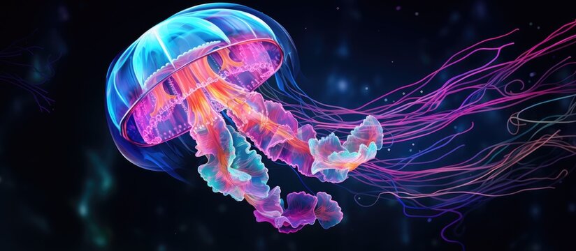 An electric blue jellyfish, a marine invertebrate organism, is gracefully swimming in the dark liquid underwater, emitting bioluminescent light