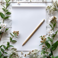 Blank white paper on a white desk with green leaf For mockup