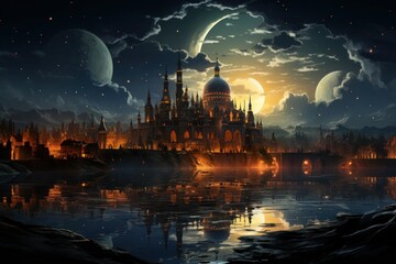 Modern Background Ramadan Mubarak With Mosque An evening mosque with a crescent moon