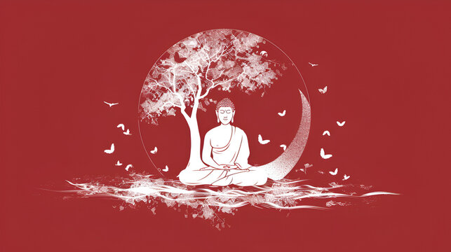 White Buddha Meditate under Bodhi tree circle logo with Red Background, ai generated