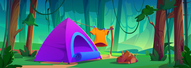 Camping in forest with tent and firewood for fireplace. Cartoon vector summer illustration of campsite in woodland with green trees and grass, tourist equipment and clothes. Eco tourism concept.