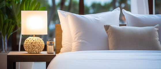 Beautiful white pillow on bed with table light lamp