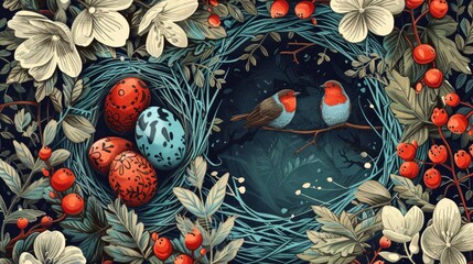 Easter eggs, blending tradition and nature in a charming doodle pattern