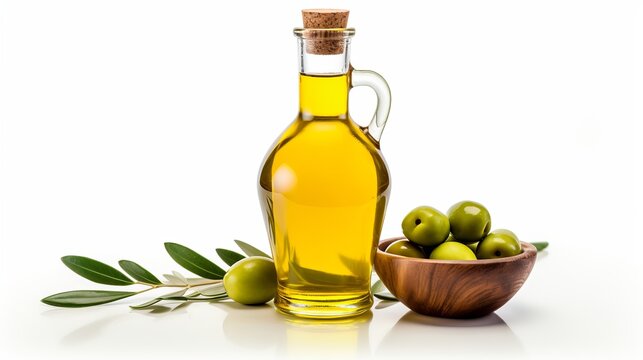 Olive oil stored in a glass bottle alongside green olives, isolated against a white backdrop.
