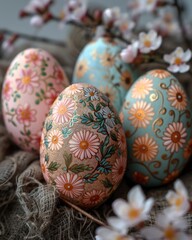 Colored Easter eggs with flowers on blurry background. seasonal, religious holiday concept. Spring card. copy space.