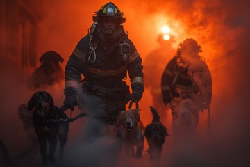 a group of firefighters and their dogs are walking through a fire - obrazy, fototapety, plakaty