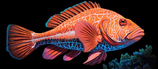 Fototapeta premium An electric blue finned fish, a rayfinned organism, gracefully swims in the underwater world on a black background, showcasing its colorful tail