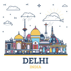 Outline Delhi India City Skyline with colored Historic Buildings Isolated on White. Illustration. Delhi Cityscape with Landmarks.