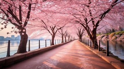 Path lined with cherry blossoms winding through a stunning landscape garden.