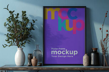 Poster Frame Mockup with Vases on the Shelf
Poster Frame Mockup with Vases and Decorative Items on the Shelf
Poster Frame Mockup with books and candles on the shelf
Poster Frame Mockup with vases on a
