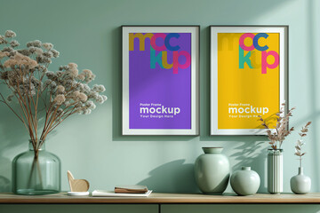 Two Poster Frame Mockup with Vases on the Shelf
Poster Frame Mockup with Vases and Decorative Items on the Shelf
