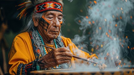A man in native American headdress entertains tribe with fire ritual - obrazy, fototapety, plakaty