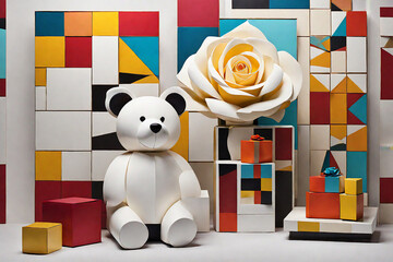 An Abstract Representation of a Sunny White Rose, a Stylish Gift Box, and a Modern Teddy Bear
