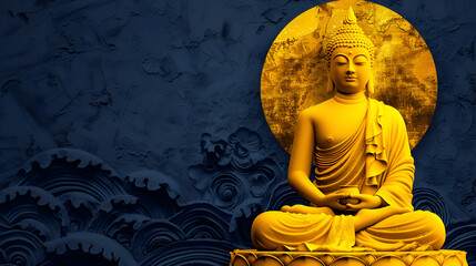 yellow Buddha with Blue Back color Vesak Day Banner with the Lord Buddha copy space, ai generated