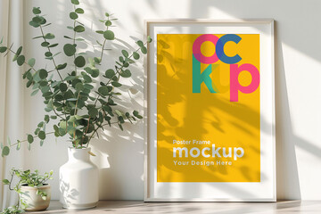 Poster Frame Mockup with Vases on the Shelf
Poster Frame Mockup with Vases and Decorative Items on the Shelf
