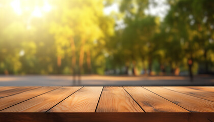 Wood table in wooden park outdoors background blurred - obrazy, fototapety, plakaty