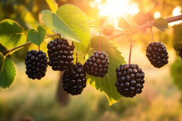 Delicious blackberries on a green branch in the garden at sunset A branch with natural blackberries against a blurred background, Blackberries falling in the air with Blackberry leaves, Ai generated - Powered by Adobe