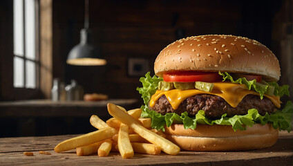  A juicy cheeseburger with melted cheese sits on a bed of golden fries on a wooden table.